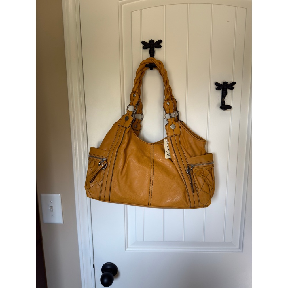 Kim Rogers Mustard Yellow Faux Leather Hobo Bag Braided Straps Quilted Pockets